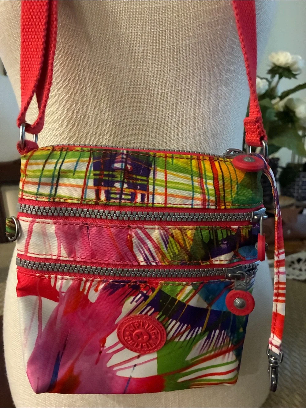 Kipling Bright Multicolor Paint-Stripe Crossbody with Pink Strap